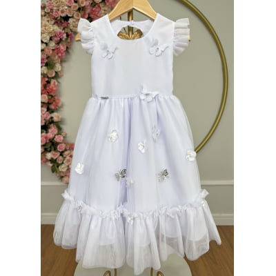 Vestido Infantil Branco Jardim Encantado c/Apliques Festas