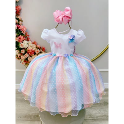 Vestido Infantil Branco Jardim Encantado Chuva de Amor Arco Iris