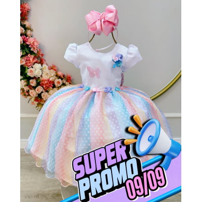 Vestido Infantil Branco Jardim Encantado Chuva de Amor Arco Iris