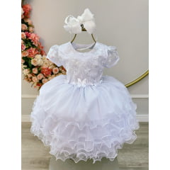 Vestido Infantil Branco Jardim Encantado Saia C/ Babados