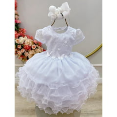 Vestido Infantil Branco Jardim Encantado Saia Com Babados