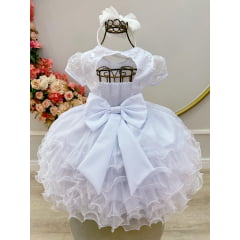 Vestido Infantil Branco Jardim Encantado Saia Com Babados