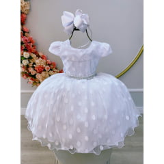 Vestido Infantil Branco Poá Com Cinto de Strass Pérolas