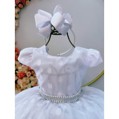 Vestido Infantil Branco Poá Com Cinto de Strass Pérolas