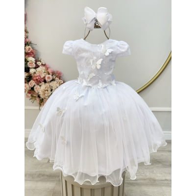 Vestido Infantil Branco Renda C/ Borboletas Daminhas Luxo