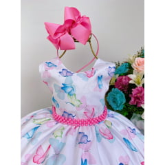 Vestido Infantil Jardim das Borboletas Branco Cinto Pink