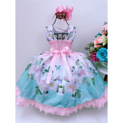 Vestido Infantil Jardim das Borboletas Rosa Cinto de Pérolas