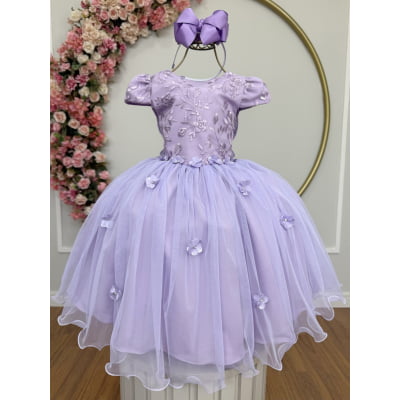 Vestido Infantil Jardim Encantado Com Renda Lilás Festas