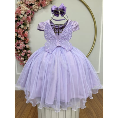 Vestido Infantil Jardim Encantado Com Renda Lilás Festas