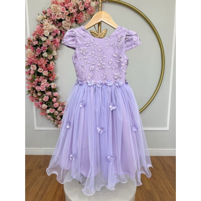 Vestido Infantil Jardim Encantado Com Renda Lilás Festas