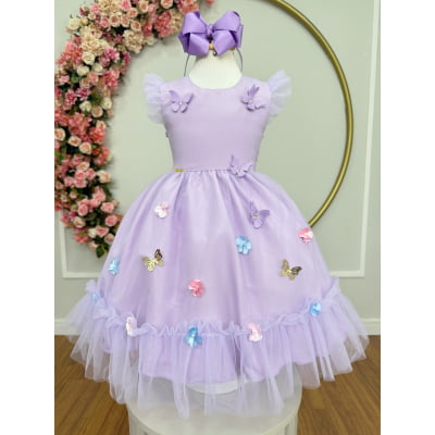 Vestido Infantil Lilás Jardim Encantado c/Apliques Festas