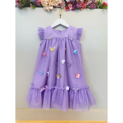 Vestido Infantil Trapézio Lilás Jardim Encantado Luxo Festa