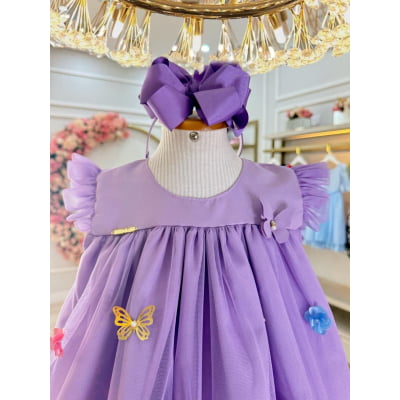 Vestido Infantil Trapézio Lilás Jardim Encantado Luxo Festa