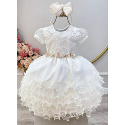 Vestido Infantil Marfim Jardim Encantado Saia Com Babados Vestido Infantil Marfim Jardim Encantado Saia Com Babados