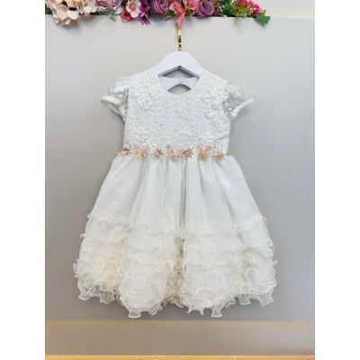 Vestido Infantil Marfim Jardim Encantado Saia Com Babados