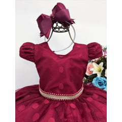 Vestido Infantil Marsala Tule Com Bolinhas Strass C/ Pérolas