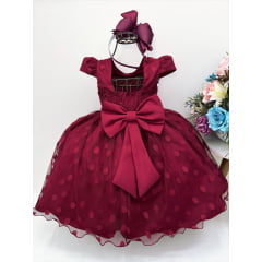 Vestido Infantil Marsala Tule Com Bolinhas Strass C/ Pérolas