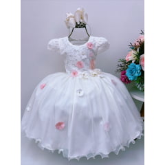 Vestido Infantil Off Rendado Luxo Flores em Aplique