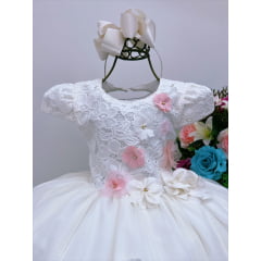 Vestido Infantil Off Rendado Luxo Flores em Aplique