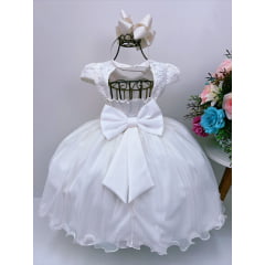 Vestido Infantil Off Rendado Luxo Flores em Aplique