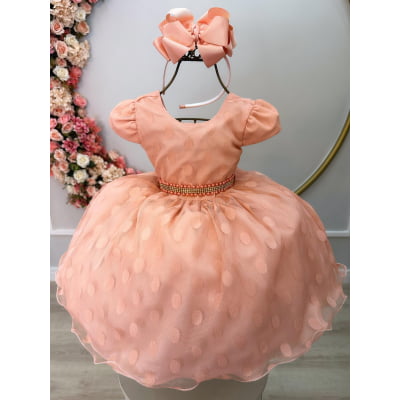 Vestido Infantil Pêssego Poá Com Cinto de Strass e Pérolas
