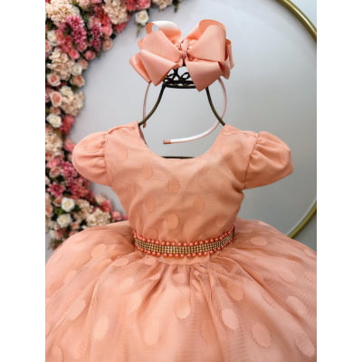 Vestido Infantil Pêssego Poá Com Cinto de Strass e Pérolas