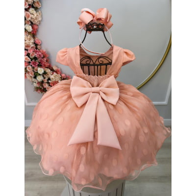 Vestido Infantil Pêssego Poá Com Cinto de Strass e Pérolas