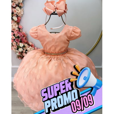 Vestido Infantil Pêssego Poá Com Cinto de Strass e Pérolas