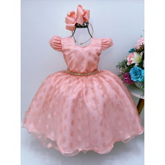 Vestido Infantil Pêssego Tule Com Bolinhas Strass C/ Pérolas