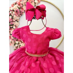 Vestido Infantil Pink Poá Com Cinto de Pérolas e Strass