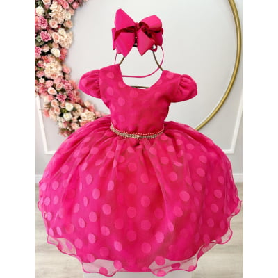 Vestido Infantil Pink Poá Com Cinto de Pérolas e Strass