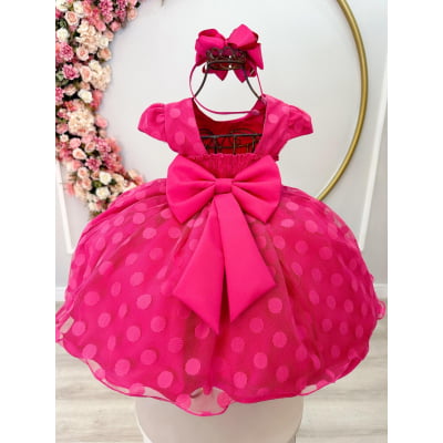 Vestido Infantil Pink Poá Com Cinto de Pérolas e Strass