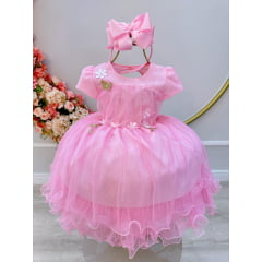 Vestido Infantil Rosa Bebê Jardim Encantado C/ Babados Luxo
