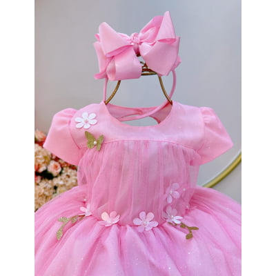 Vestido Infantil Rosa Bebê Jardim Encantado C/ Babados Luxo
