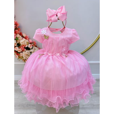 Vestido Infantil Rosa Bebê Jardim Encantado C/ Babados Luxo Vestido Infantil Rosa Bebê Jardim Encantado C/ Babados Luxo