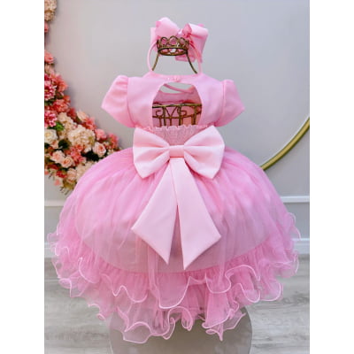 Vestido Infantil Rosa Bebê Jardim Encantado C/ Babados Luxo
