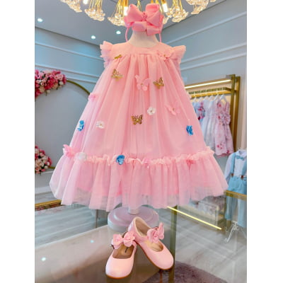 Vestido Infantil Rosa Bebê Jardim Encantado Luxo Vestido Infantil Rosa Bebê Jardim Encantado Luxo