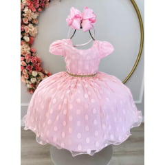 Vestido Infantil Rosa Bebê Poá Com Cinto de Strass e Pérolas