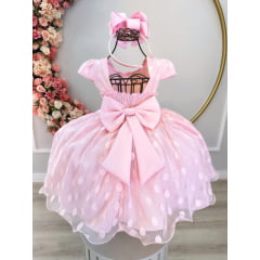 Vestido Infantil Rosa Bebê Poá Com Cinto de Strass e Pérolas