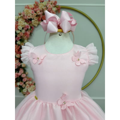 Vestido Infantil Rosa Claro Jardim Encantado Apliques Festas