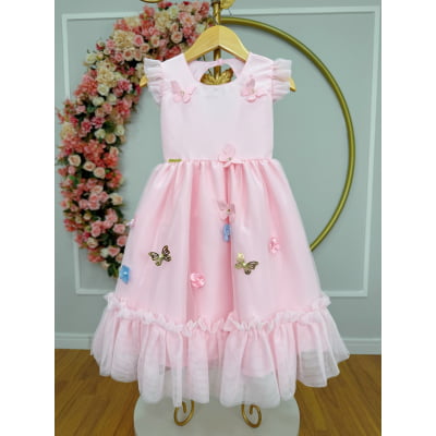 Vestido Infantil Rosa Claro Jardim Encantado Apliques Festas