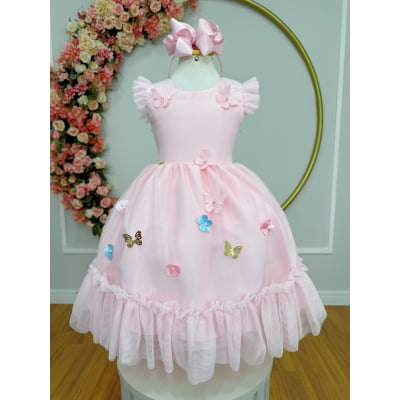 Vestido Infantil Rosa Claro Jardim Encantado c/Apliques Festas