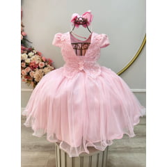 Vestido Infantil Rosa Claro Jardim Encantado C/ Renda Festas