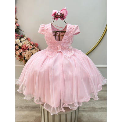 Vestido Infantil Rosa Claro Jardim Encantado C/ Renda Festas