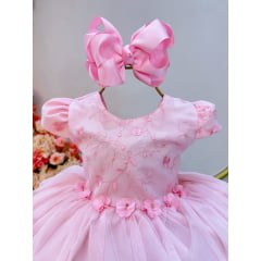 Vestido Infantil Rosa Claro Jardim Encantado C/ Renda Luxo