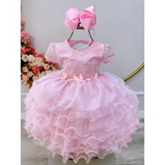 Vestido Infantil Rosa Claro Jardim Encantado Saia C/ Babados