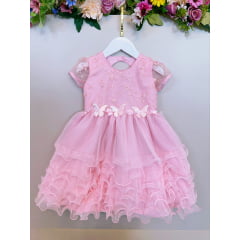Vestido Infantil Rosa Claro Jardim Encantado Saia C/ Babados