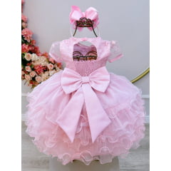 Vestido Infantil Rosa Claro Jardim Encantado Saia C/ Babados