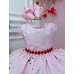 Vestido Infantil Rosa Doces Confeitaria C/ Cinto de Pérolas