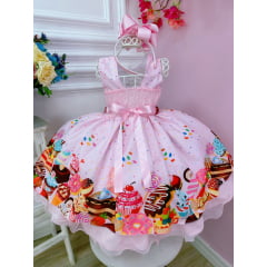 Vestido Infantil Rosa Doces Confeitaria C/ Cinto de Pérolas